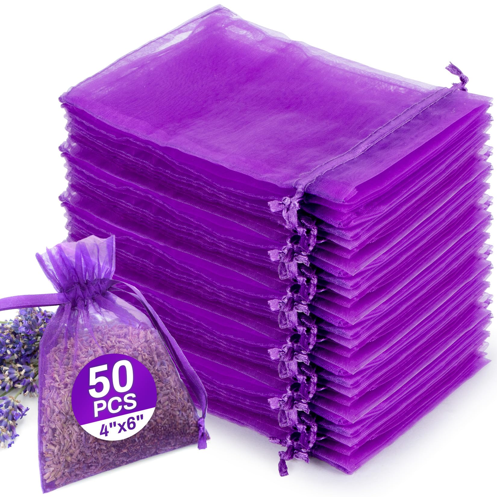 Photo 1 of Sukh 50 Lavender Sachet Bags Empty - Purple Organza Bags 4x6 Sachets For Drawers And Closets Deodorizer Potpourri Bags Scented Sachet Home Fragrance Products Party Favor Gifts for Rose Orange Cinnamon