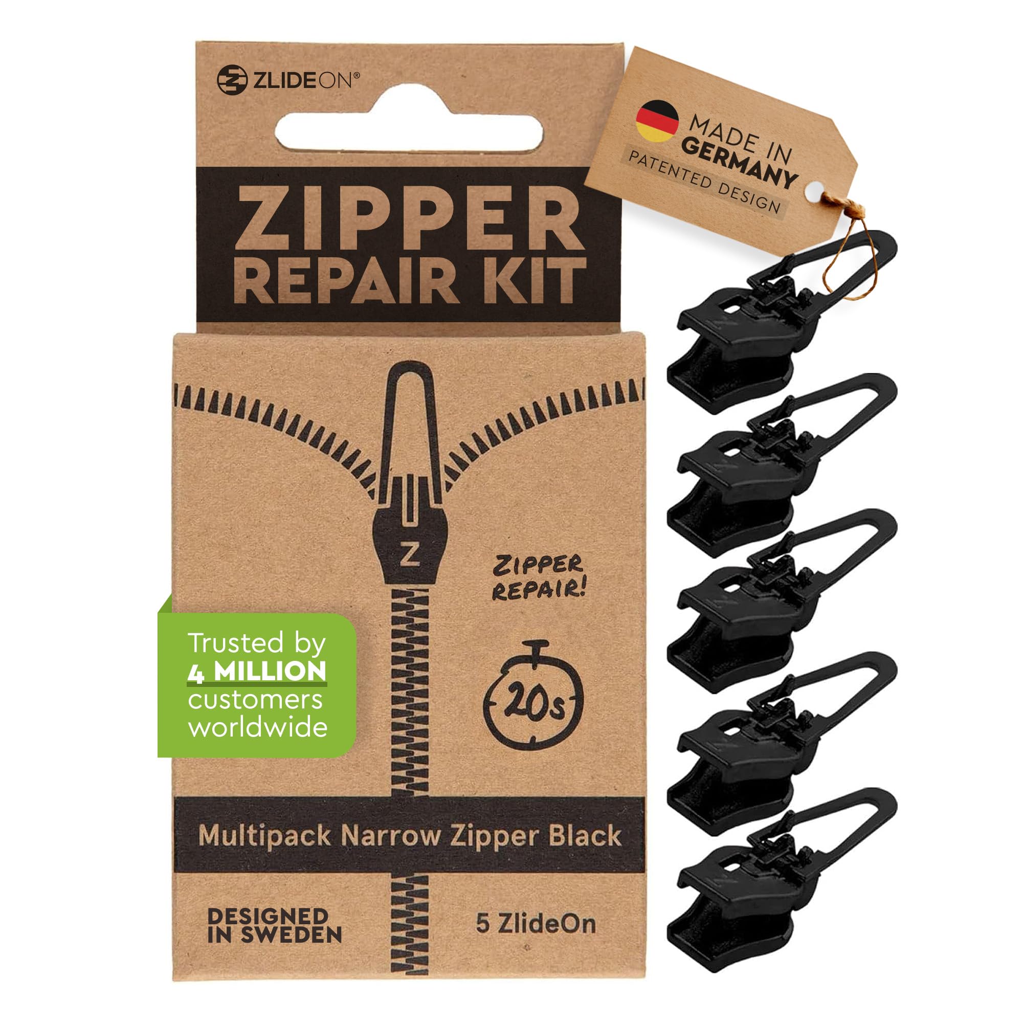 Zlideon Zipper Repair Kit for Narrow Zippers - 5pcs, Black | Instant Zipper Pull Replacement Slider for Dresses, Bedding, Hoodies, Light Jackets, Inner of Handbags | Easy to Install | Made in Germany