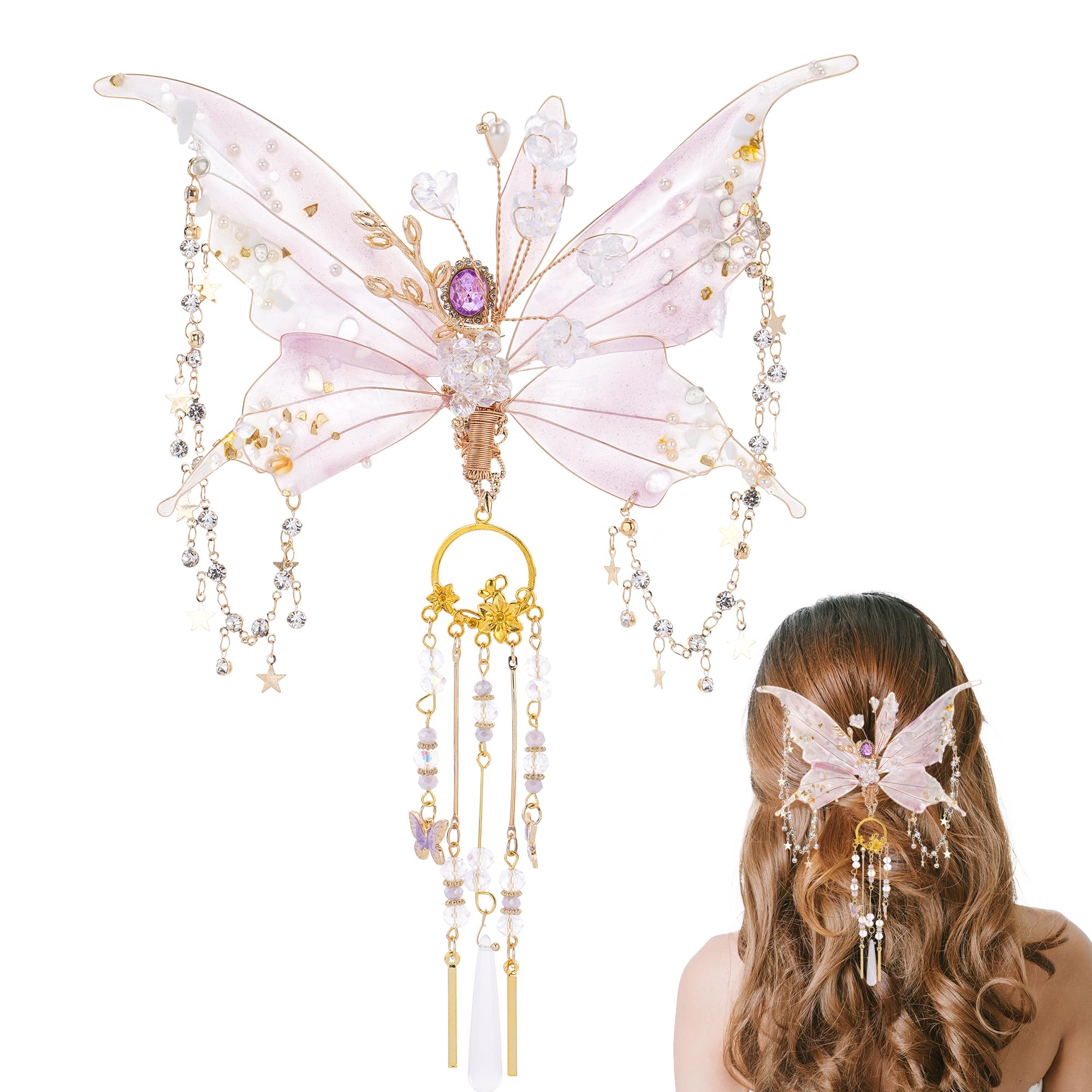 Photo 1 of FRESHME Fairy Butterfly Hair Clip - 1 Pc Pink Butterfly Wings Hair Accessories with Tassel Elven Hair Clamp Elf Claw Clip for Photoshoot Prom Renfaire Wedding Fantasy Costume Cosplay