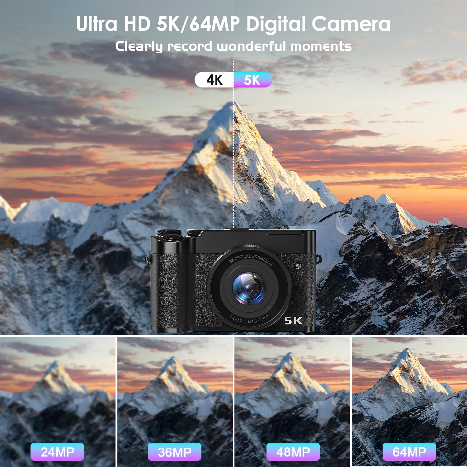 5K 64MP Digital Camera, WiFi Cameras for Photography & Video, 3X Optical Zoom Autofocus Travel Vlogging Camera for YouTube, 64GB Card, 2 Batteries