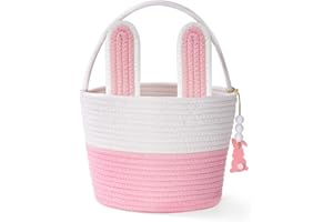 Easter Baskets, Pink Large Woven Rope Bunny Personalized Easter Basket Empty with Handle, Basket Name Tag, Egg Easter Baskets