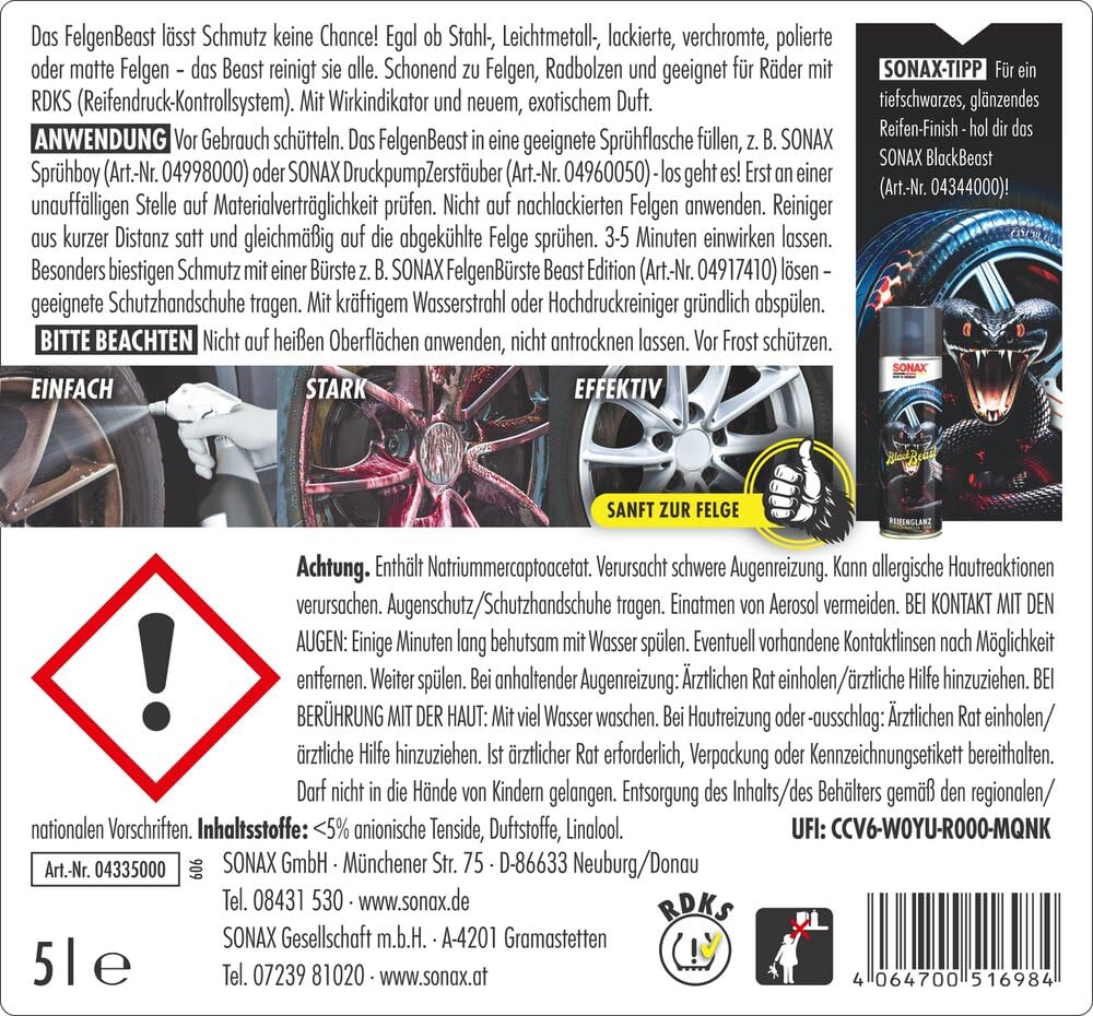 SONAX FelgenBeast (5 Liter) Felgenreiniger für alle polierten, verchromten und matten Stahl- & Leichtmetallfelgen | Art-Nr. 04335000 2