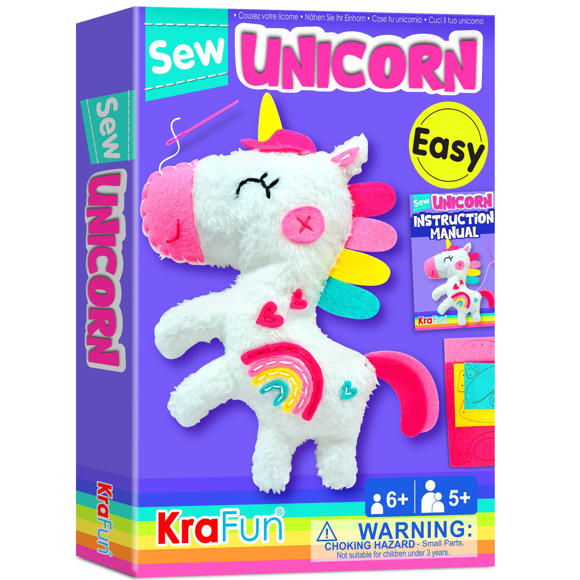 KRAFUN Unicorn Sewing Kit for Kids Ages 7-12, Beginner Craft Set with Unicorn Stuffed Doll, Plush Felt Materials, Instructions, Embroidery Supplies, Pre-Punched Fabric
