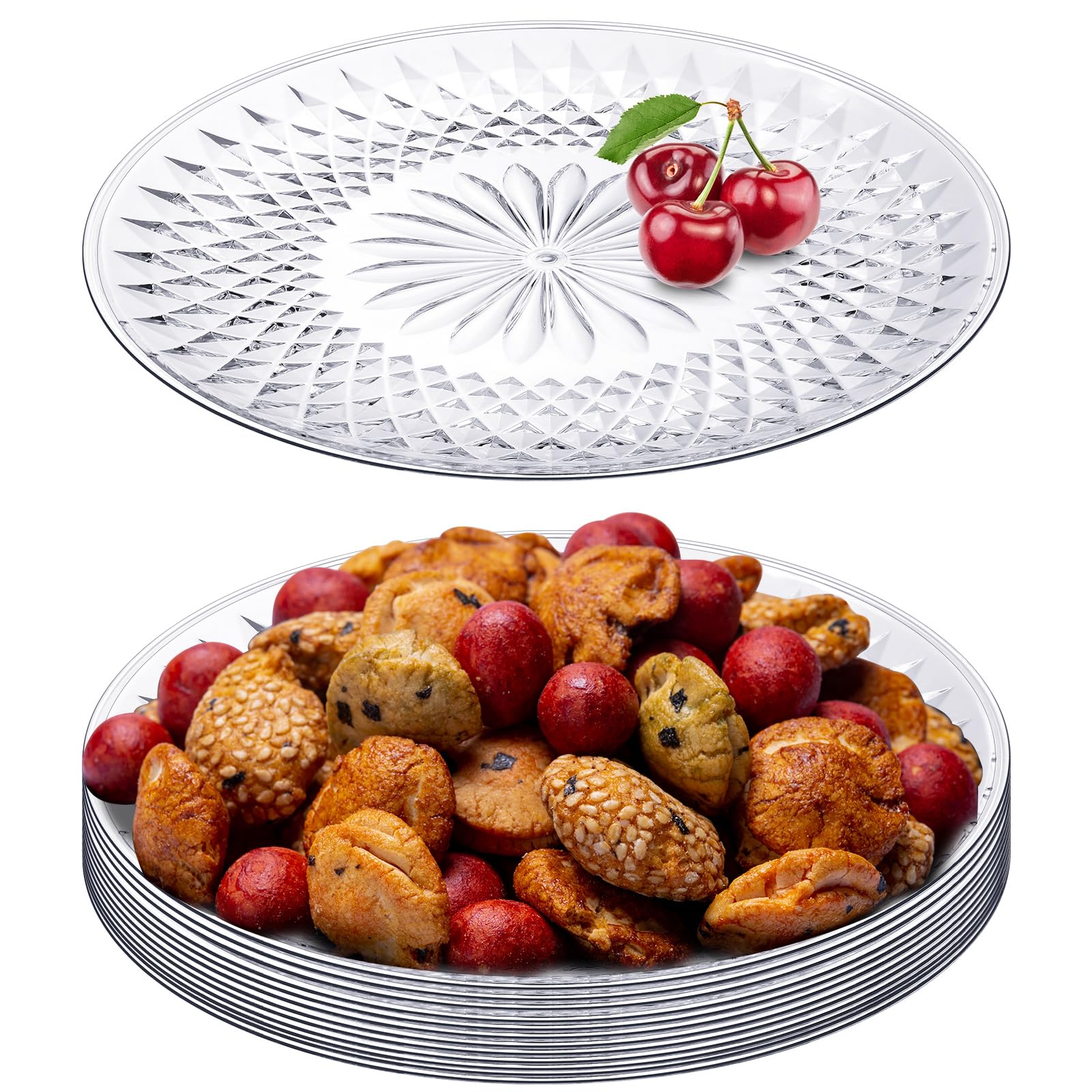 Photo 1 of Fumete 10 Pcs Round Plastic Serving Platters 10 Inch Clear Plastic Tray Acrylic Crystal Flan Plates for Party Food Cake Cookie Fruits Birthday Wedding Supplies