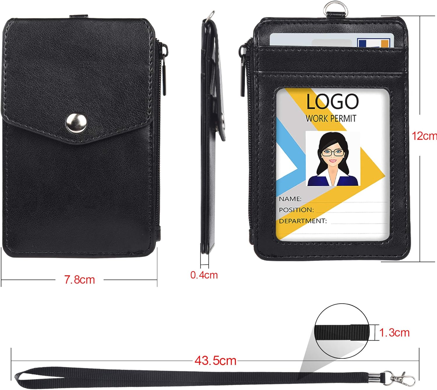 Leather Badge Holder with Zipper Pocket, 1 Clear ID Window and 3 Card Slots with Secure Cover, Premium Leather ID Holder with Nylon Lanyard for Office School ID, Credit Cards, Driver Licence : Office Products