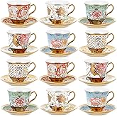 Teenyyou Set of 12 Tea Cups and Saucers Tea Party Decorations Floral Porcelain 5.4 oz British Gift for Women Birthday Party, Church, and Mother's Day (Stylish Style)