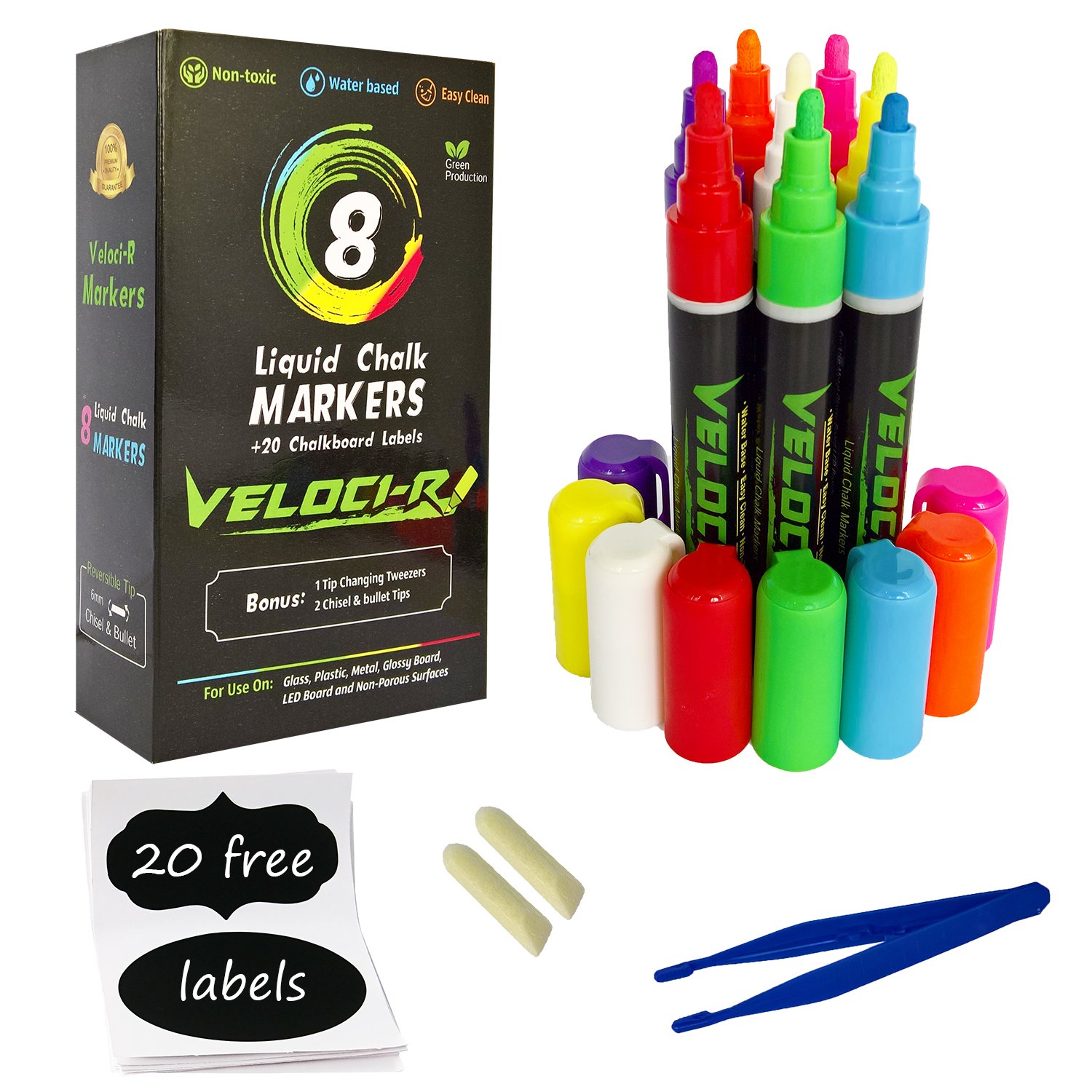 Liquid Chalk Markers 8 Colored Washable Pens with Reversible Bullet And Chisel Tip - Child Friendly - Perfect for Chalkboards, Bistro, Windows, Glass, Labels, Whiteboards