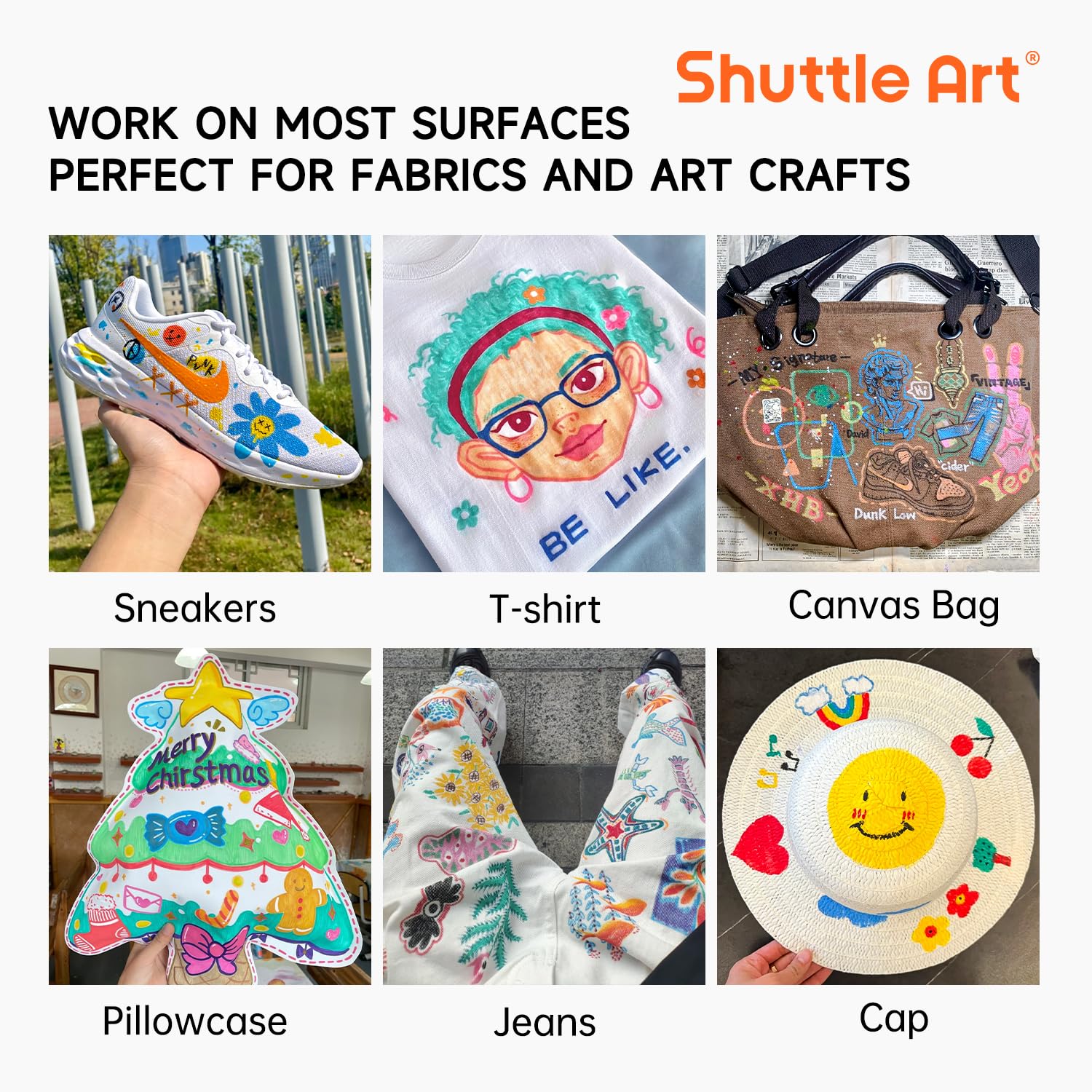 Shuttle Art 36 Colors Fabric Markers, Permanent Shirt Markers for Clothes Sneakers Jeans with 11 Stencils 1 Fabric Sheet, Fabric Pens for Kids Adult Painting Writing