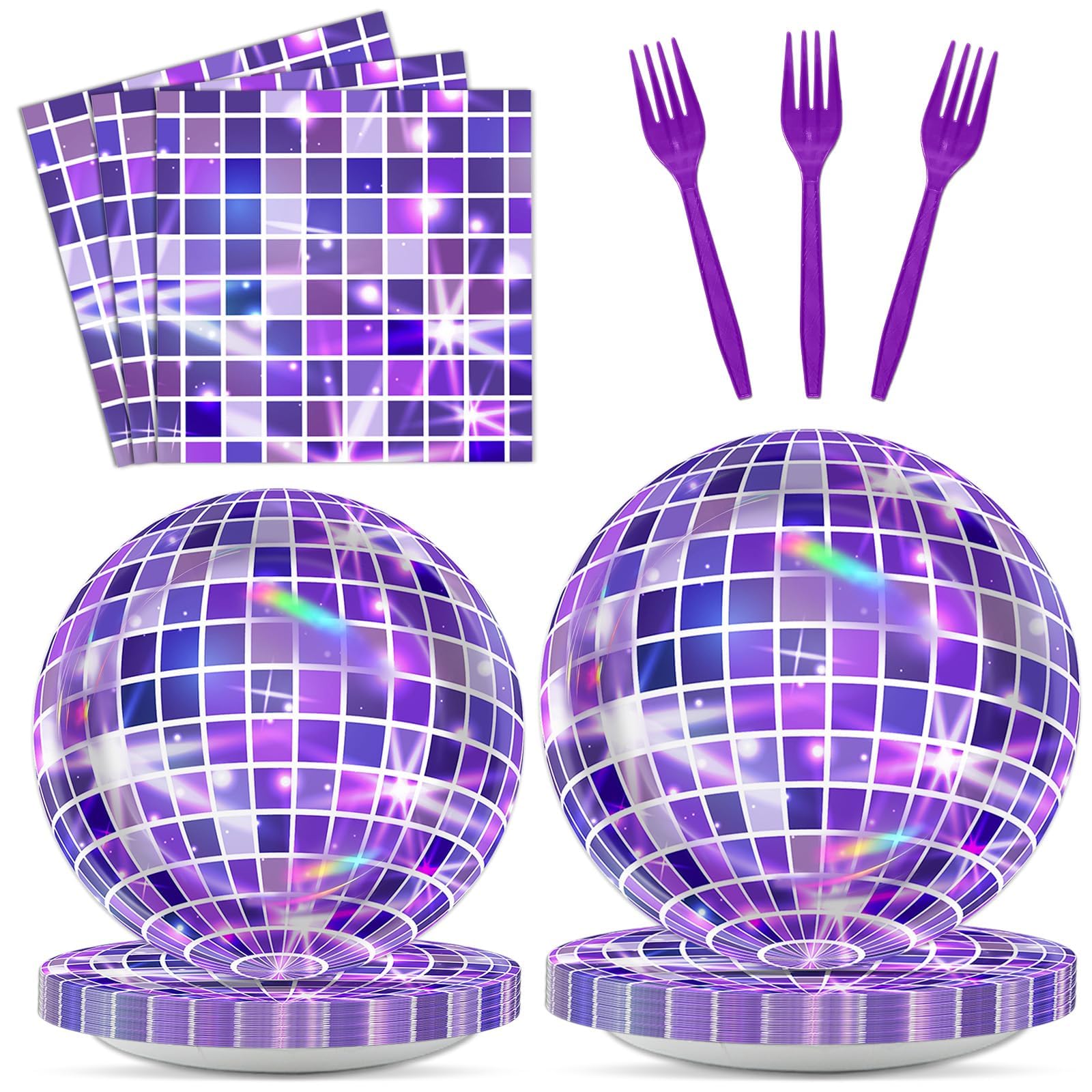 Photo 1 of 100Pcs Disco Purple Party Decoration Kpop Disco Ball Paper Plates and Napkins Purple Disposable Tableware for Kpop Music Birthday Baby Shower Wedding Bachelorette Party Supplies Serve 25
