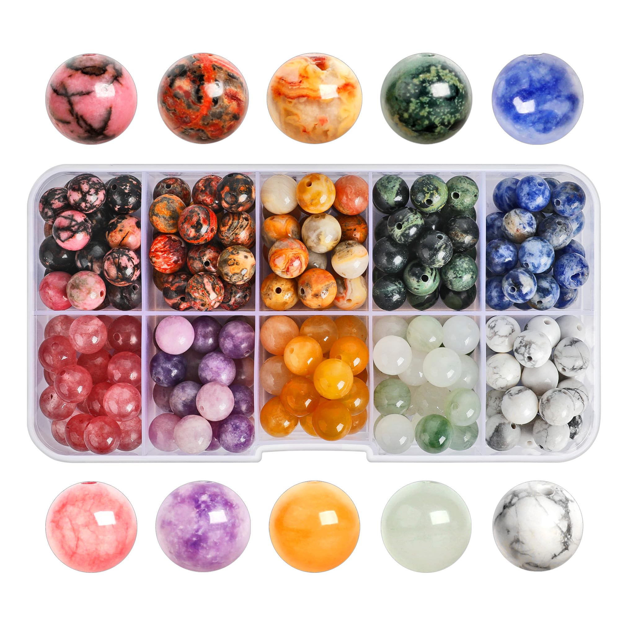 SOSMAR 200pcs Stone Beads, 8mm Crystal Round Beads for Jewelry Making, Rhodonite/Leopard Skin Jasper/Kambaba Jasper/Quartz/Agate Craft Bead for Bracelet Necklace Making, 10 Colours DIY Smooth Stone