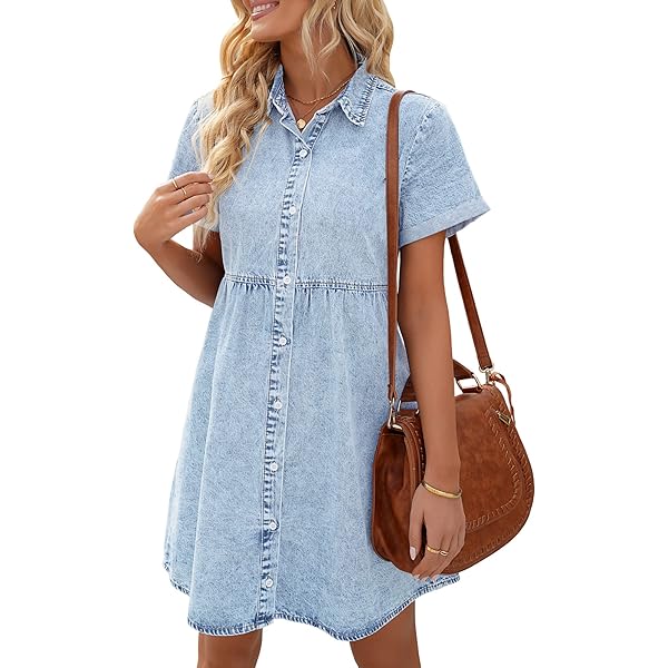 WOWULOVELY Women's Denim Shirt Dress - 3/4 Sleeve Button-Down Tiered Babydoll Tunic, Casual Jean Dress