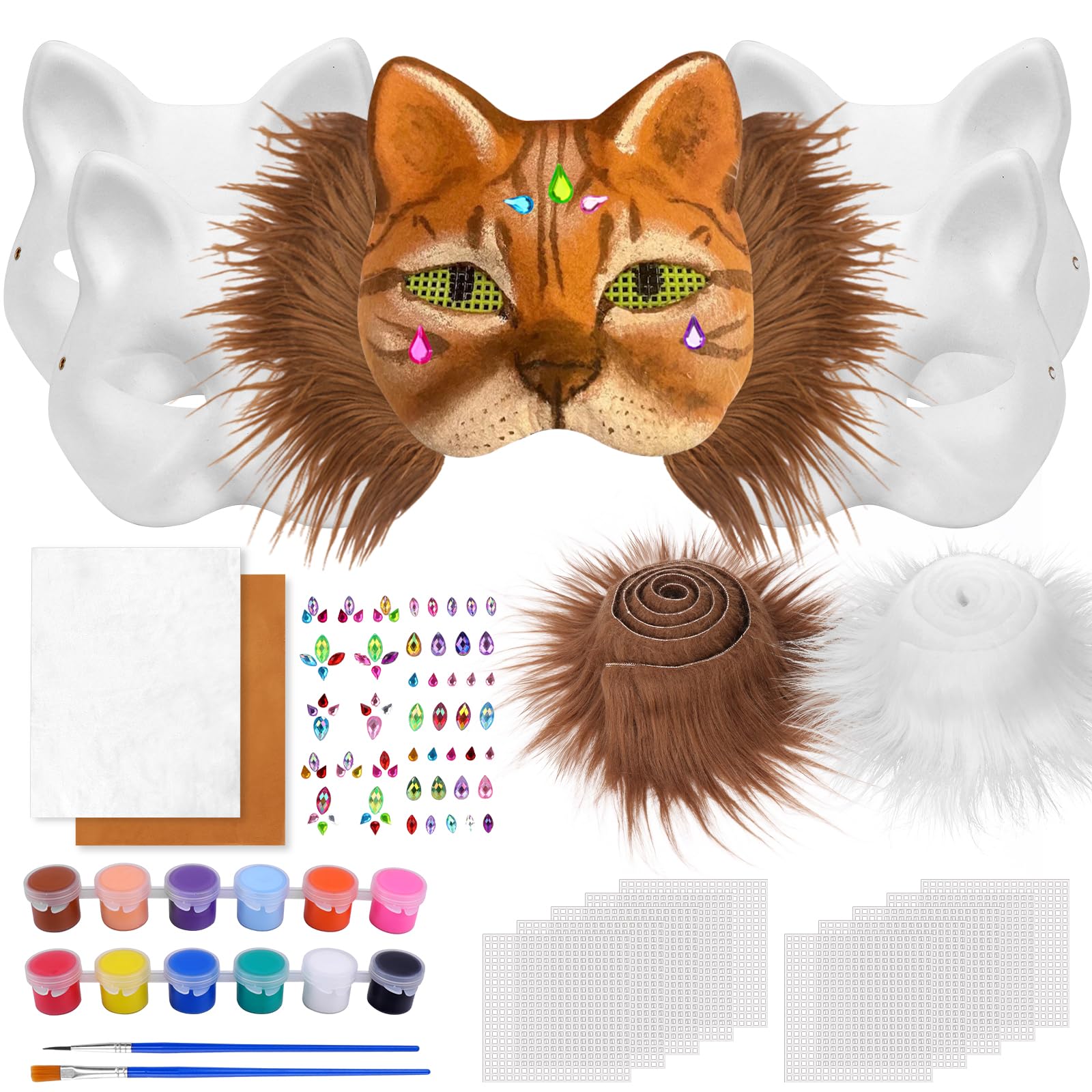 Dreamtop 24 Pcs Therian Cat Mask Set Cat Masks To Decorate Include Blank Cat Mask Felt Fabric Sheet Plush Faux Fur Eye Plastic Mesh Sheet Diamon Sticker Brushes for Cosplay Halloween
