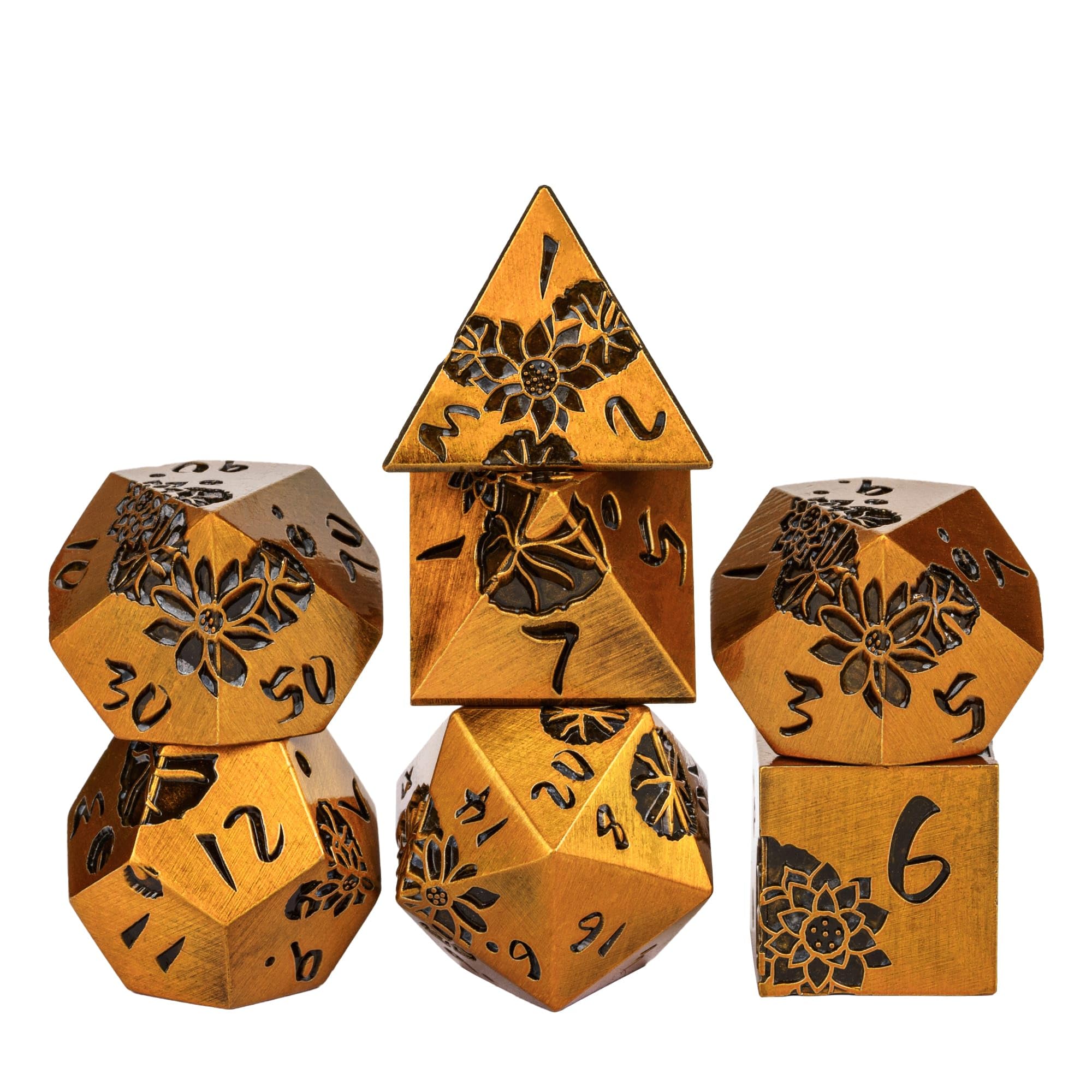 Cusdie 7-Die Lotus Metal DND Dice Set, D&D Metal Dice, Polyhedral Dice Set, for Role Playing Game Pathfinder(Ancient Gold)