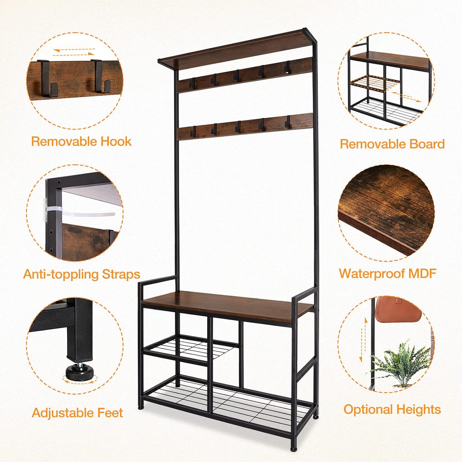 ODK 3 in 1 Hall Tree Coat Rack and Shoe Bench Entryway Storage Shelves, Multipurpose Furniture Organizer with Industrial Design Metal Frame, Rustic Brown: Home Improvement