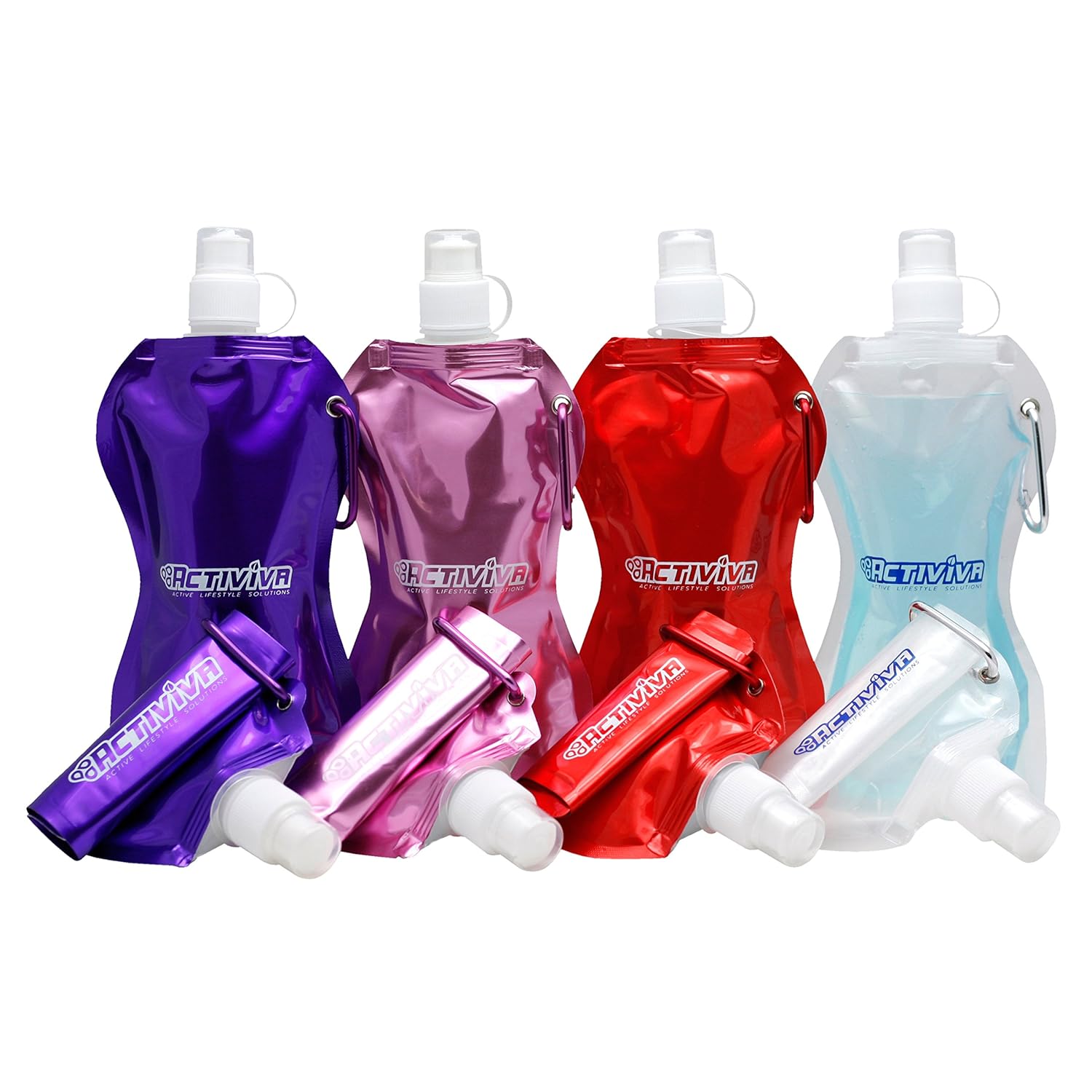 ACTIVIVA Collapsible Reusable Water Bottle with Carabiner Clip Light Weight Leak Proof Foldable Drinking Water Bottle - Non-Toxic BPA Free - 16.9 oz - 4 Pack