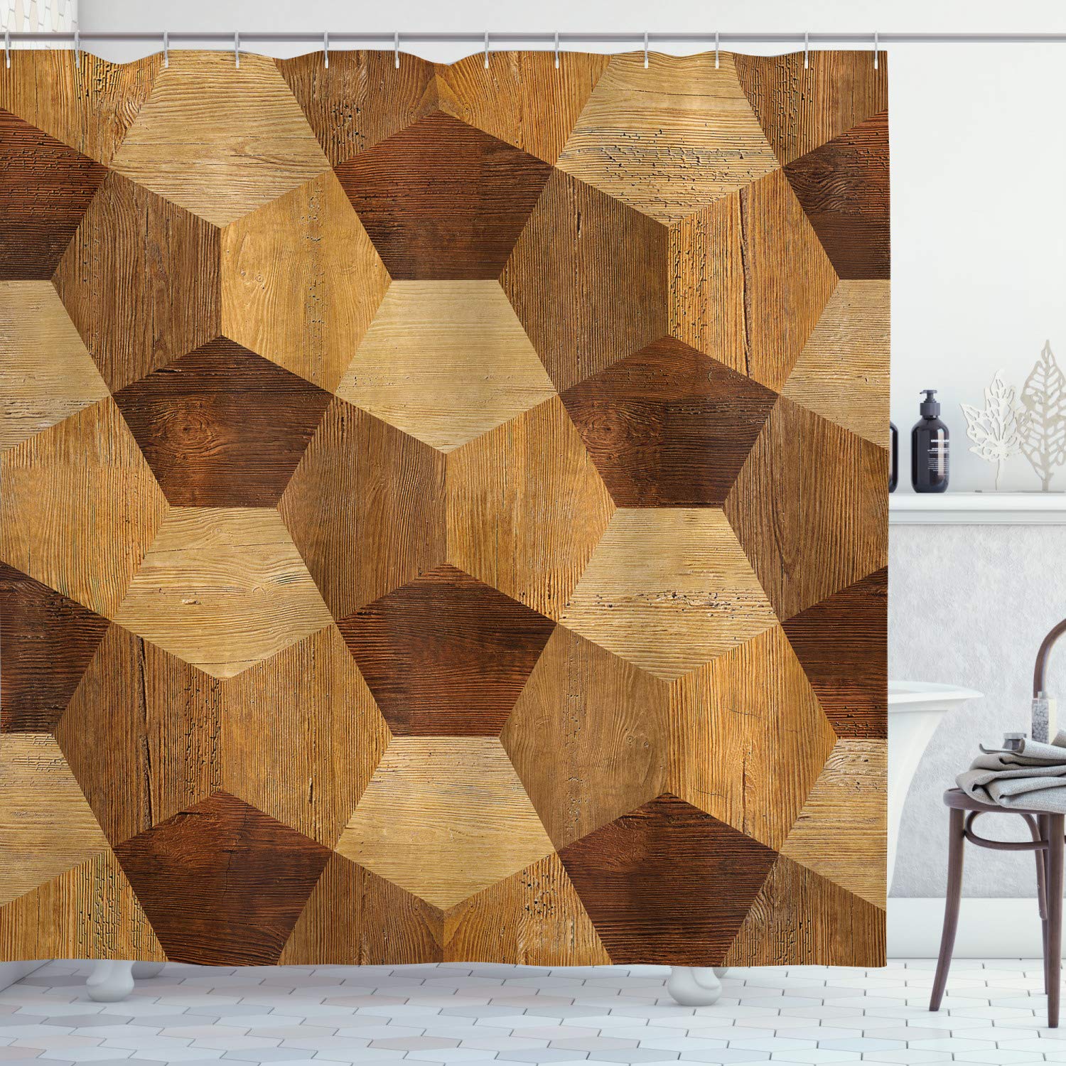 ABAKUHAUS Retro Shower Curtain, Abstract Parquet Flooring Wooden Rustic with Geometric Monochrome Pattern, Cloth Fabric Bathroom Decor Set with Hooks, 70 Inches, Brown Pale Brown