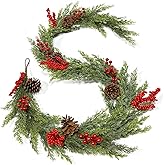6 Ft Christmas Garland - Real Touch Cedar Garland with Red Berry Clusters Pinecones by 90 Cedar Branches, Realistic Greenery Faux,Christmas Garlands for Mantle Fireplace Table Centerpiece Decor
