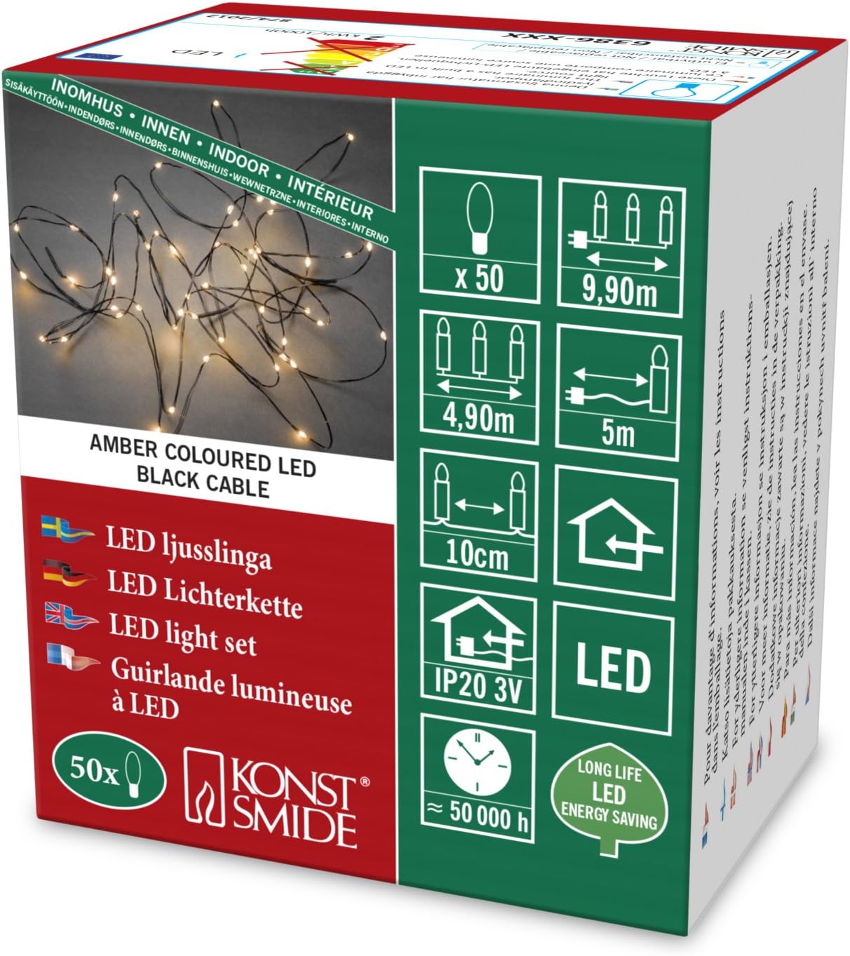 Konstsmide Christmas Lights Indoors LED Naked Wire/Pin Wire Light Chain/Indoor Use (IP20)/50 Amber White Diodes/3V Indoor Transformer/Black Wire String Lights