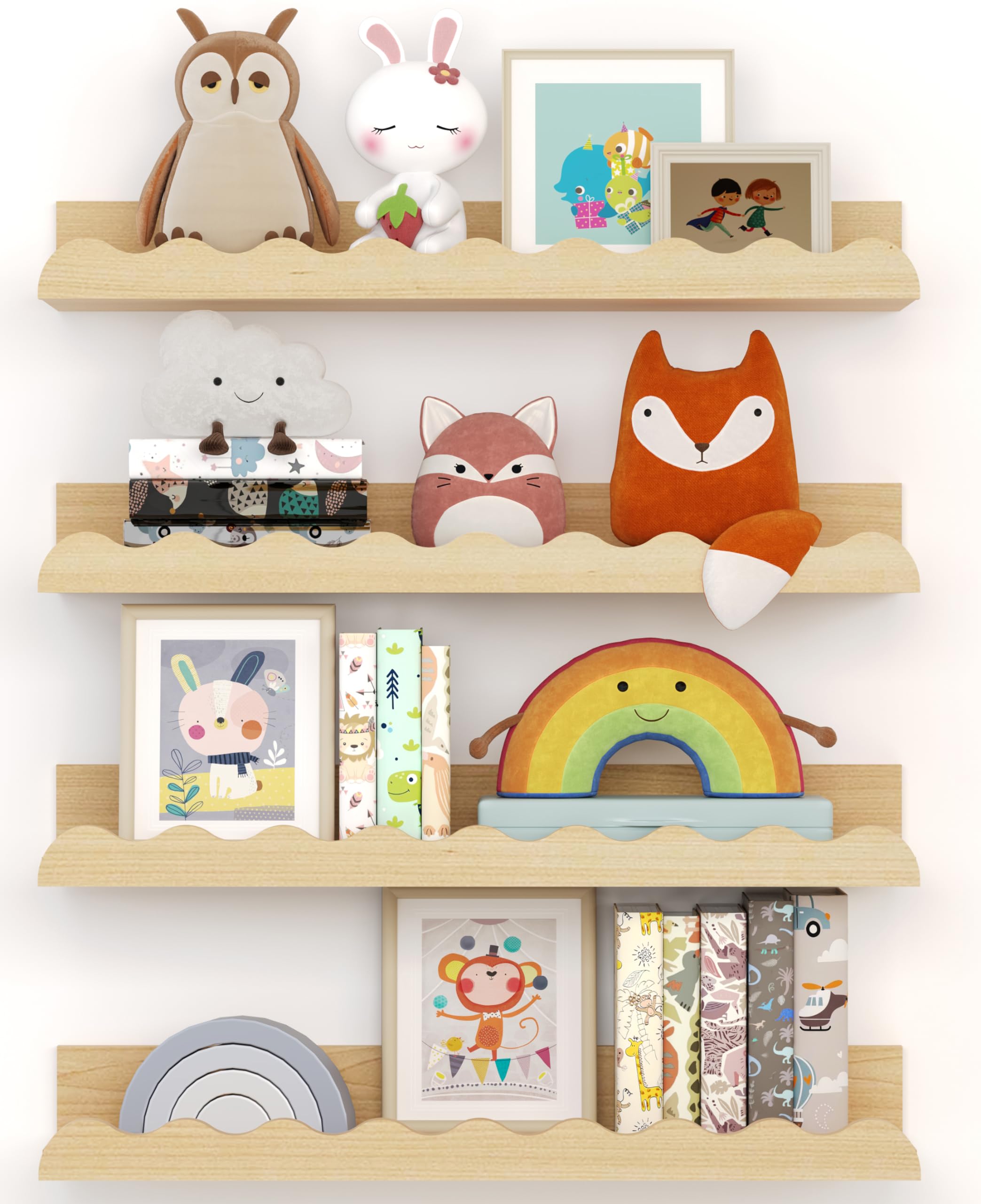 Photo 1 of Kids' Bookshelf Set of 4 - Wood Floating Nursery Book Shelves, Picture Ledge Shelf for Wall Decor and Storage - Perfect for Books, Toys, Photo Frames, and Nursery Décor
