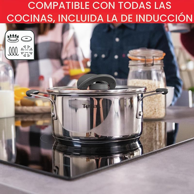 G7376S Opti'Space - Conjunto de panelas (6 peças, 16 cm (inclui tampa), 20/24 cm (inclui tampa), aço inoxidável, base termofusível, para todos os tipos de fogos, indução, cor cinzenta