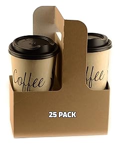 [25 PACK] Disposable Cup Drink Carrier with Handles - Kraft 2 or 4 Cup Carrier, Paperboard Cup Holder - Disposable Cup Holder for Hot and Cold Drinks - To Go Coffee Cup Holder for Food Delivery, Coffee Shops, Restaurants