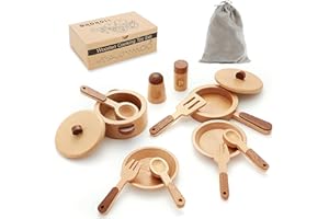 WHOHOLL Play Kitchen Accessories, Wooden Kitchen Set for Kids Ages 3-5 - Montessori Cooking Toys with Toy Pots and Pans (Large)