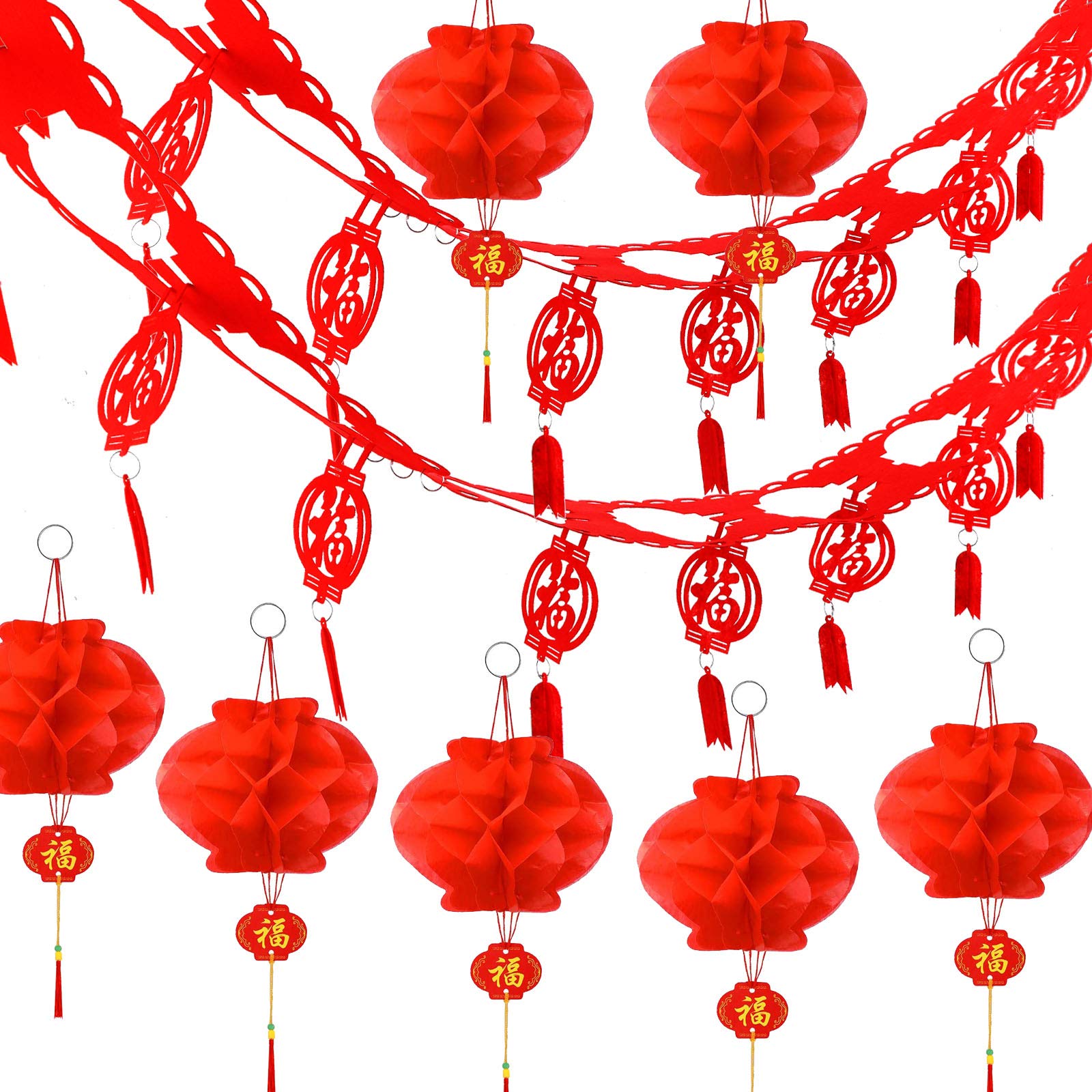 HOWAF Chinese Decorations Fortune Fu Zi Banner Garland and 10 x Chinese Red Paper Lanterns Hanging Decor for Chinese New Year Decorations 2026 Lunar New Year Spring Festival Lantern Festival