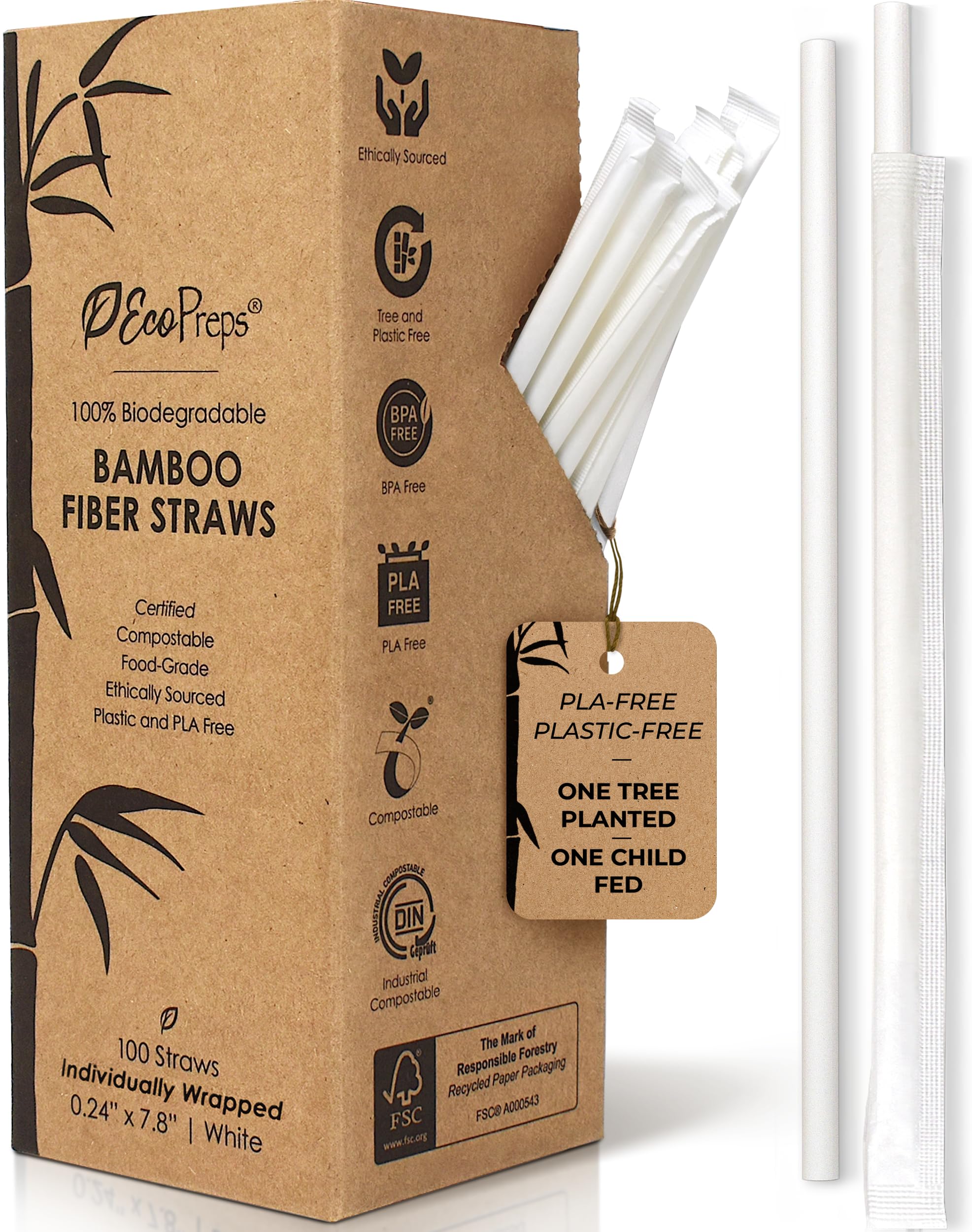 EcoPreps Biodegradable Bamboo Fiber Straws, Compostable Individually Wrapped Straws | 100 Count, 100% Plastic-Free, Eco-Friendly Drinking Straw | 7.8'' Plant Fiber Disposable Straw in White Paper Wrap