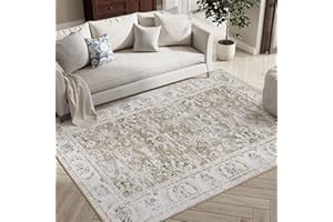 jinchan Washable Area Rug 4x6 Low Pile Bedroom Rug Indoor - Taupe Floral Print Stain Resistant Boho Carpet Distressed Vintage - Ultra-Thin Non-Slip Rug Accent Rug Living Room Dining Room Kitchen