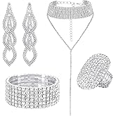 Fumete 4 Pcs Rhinestone Jewelry Set Bling Diamond Choker Necklace Bracelet Ring Earrings Set for Women Party Costume Jewelry