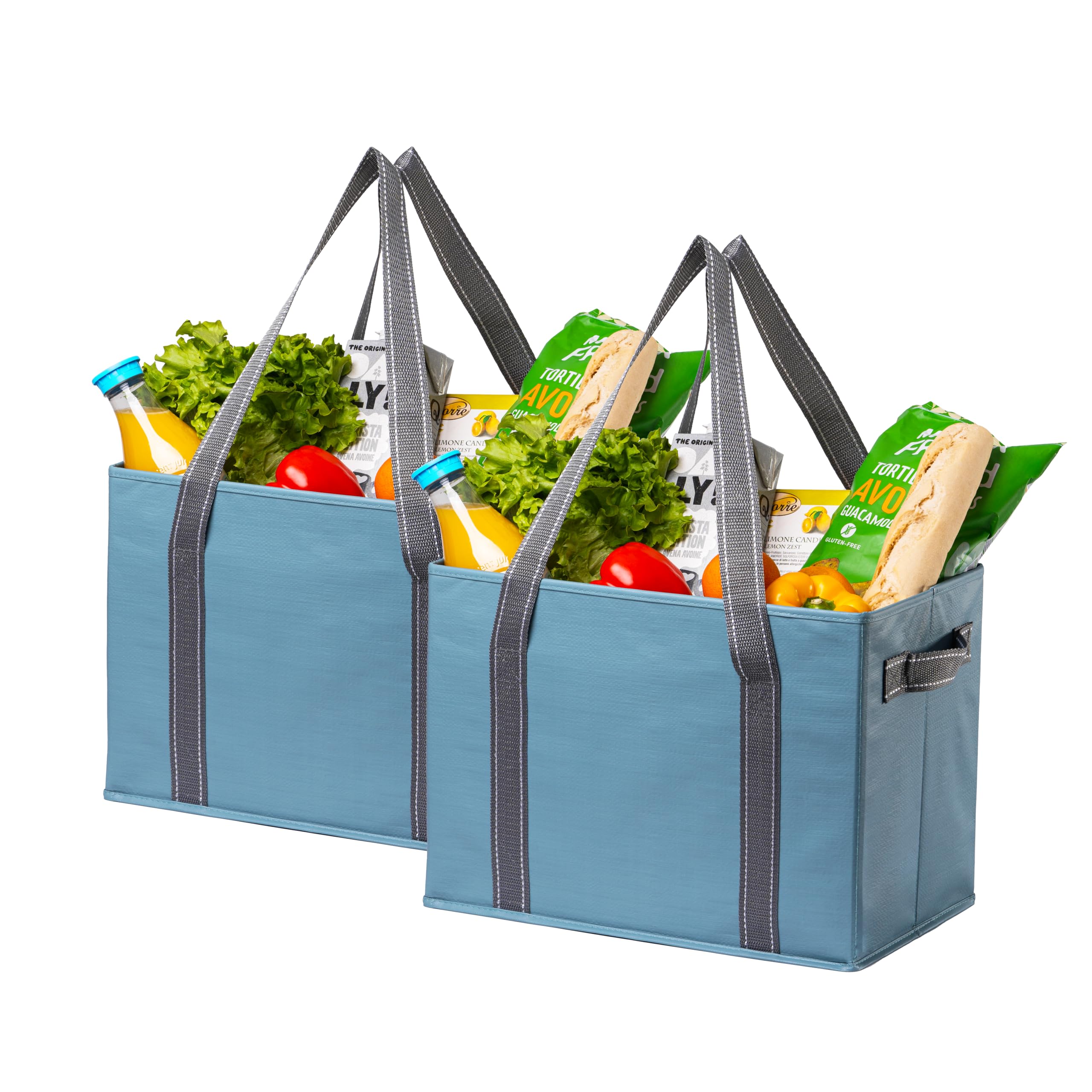 VENO 2 Pack Reusable Grocery Bags, Shopping Bags for groceries, Extra Large Utility Tote with Handles and Hard Bottom, Foldable Cart Organizer, Multi-Purpose, Heavy-Duty (Light Blue, 2 Pack)