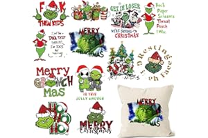 FUKIDOG 12 Sheets Christmas Iron on Transfers for T-Shirts Winter Xmas Heat Transfer Vinyl Design Cartoon Green Haired Monster Iron on Decals Patch for Hat Pillow Clothes Clothing Backpack DIY Craft Supplies