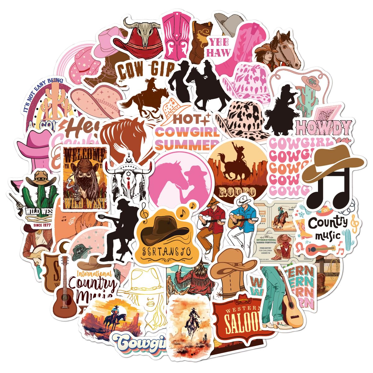 Pigbit Western Country Cowgirl Stickers - 50Pcs Vinyl Waterproof Pink Cowgirl Hats Boots Rodeo Stickers for Water Bottle,Laptop,Bumper,Luggage,Guitar