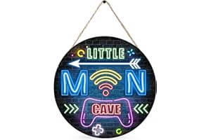 CLOVERKOI Little Man Cave Sign, Neon Gaming Nursery Decor for Baby Boys, Wooden Nursery Wall Sign for Gamer Room, Bedroom, Playroom, Living Room Decor