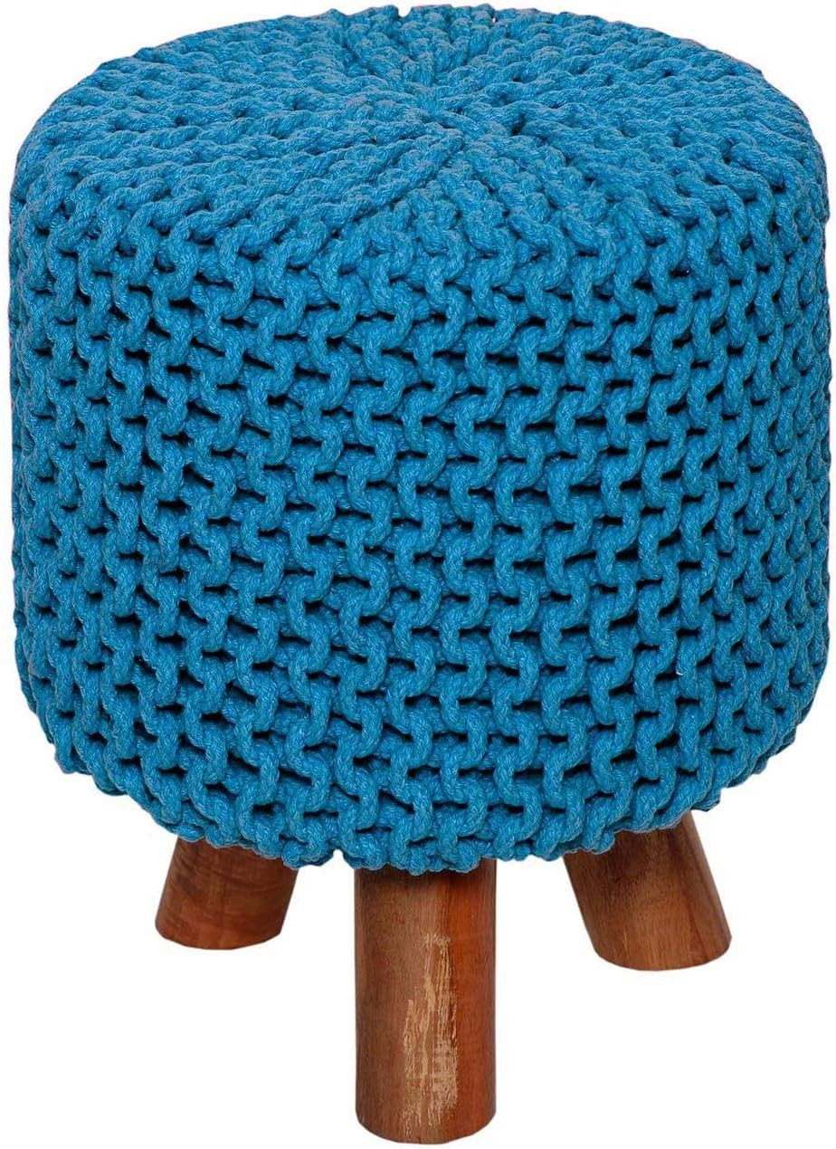 HOMESCAPES Teal Blue Cotton Knitted Pouffe Footstool with Wooden Legs - 32 x 32 x 42 cm