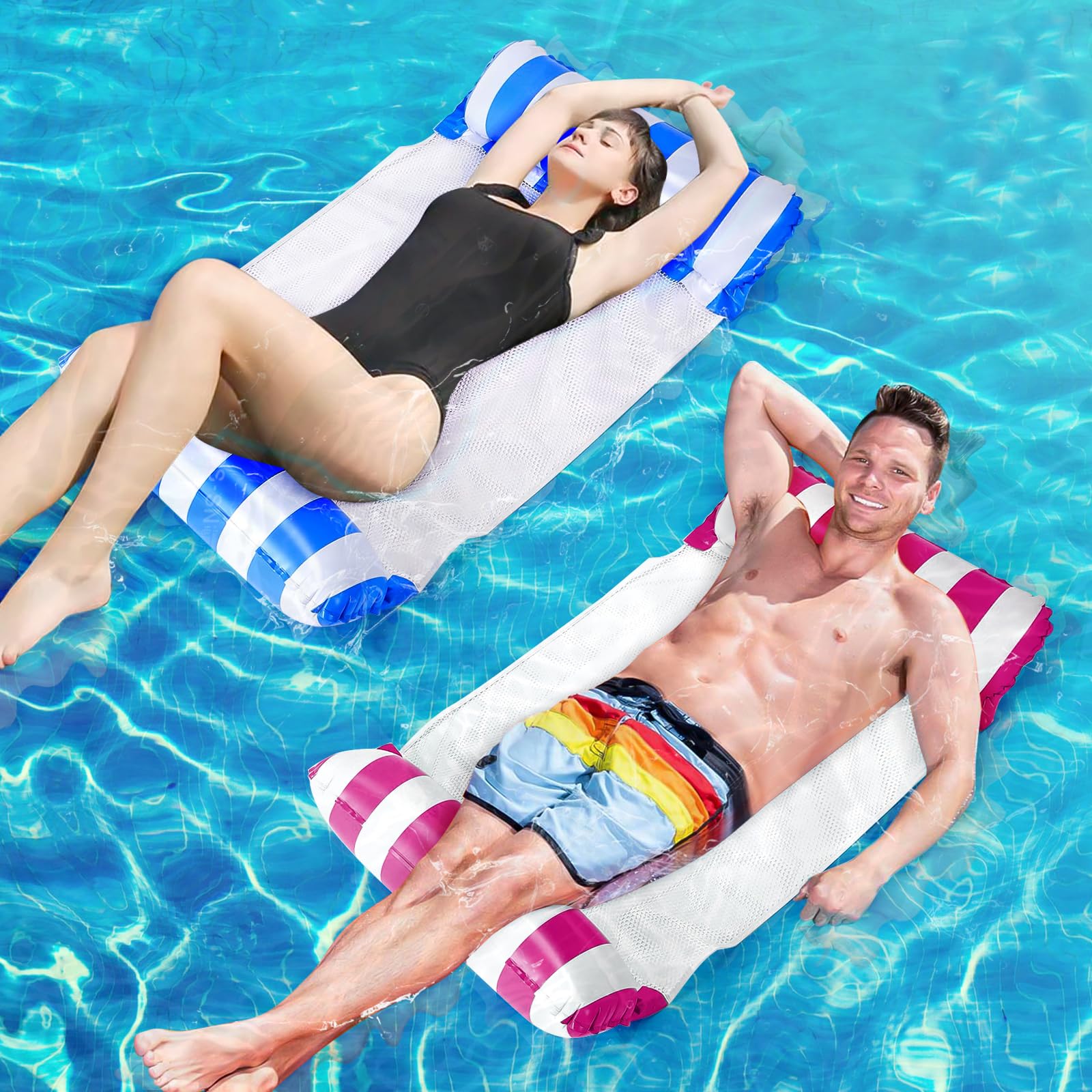 2 Pack Inflatable Pool Floats Hammock, 4-in-1 Multi-Purpose Inflatable Hammock with a Manual Air Pump, Pool Chairs to Beach, Swimming Pool, Water Lounge Party Toys