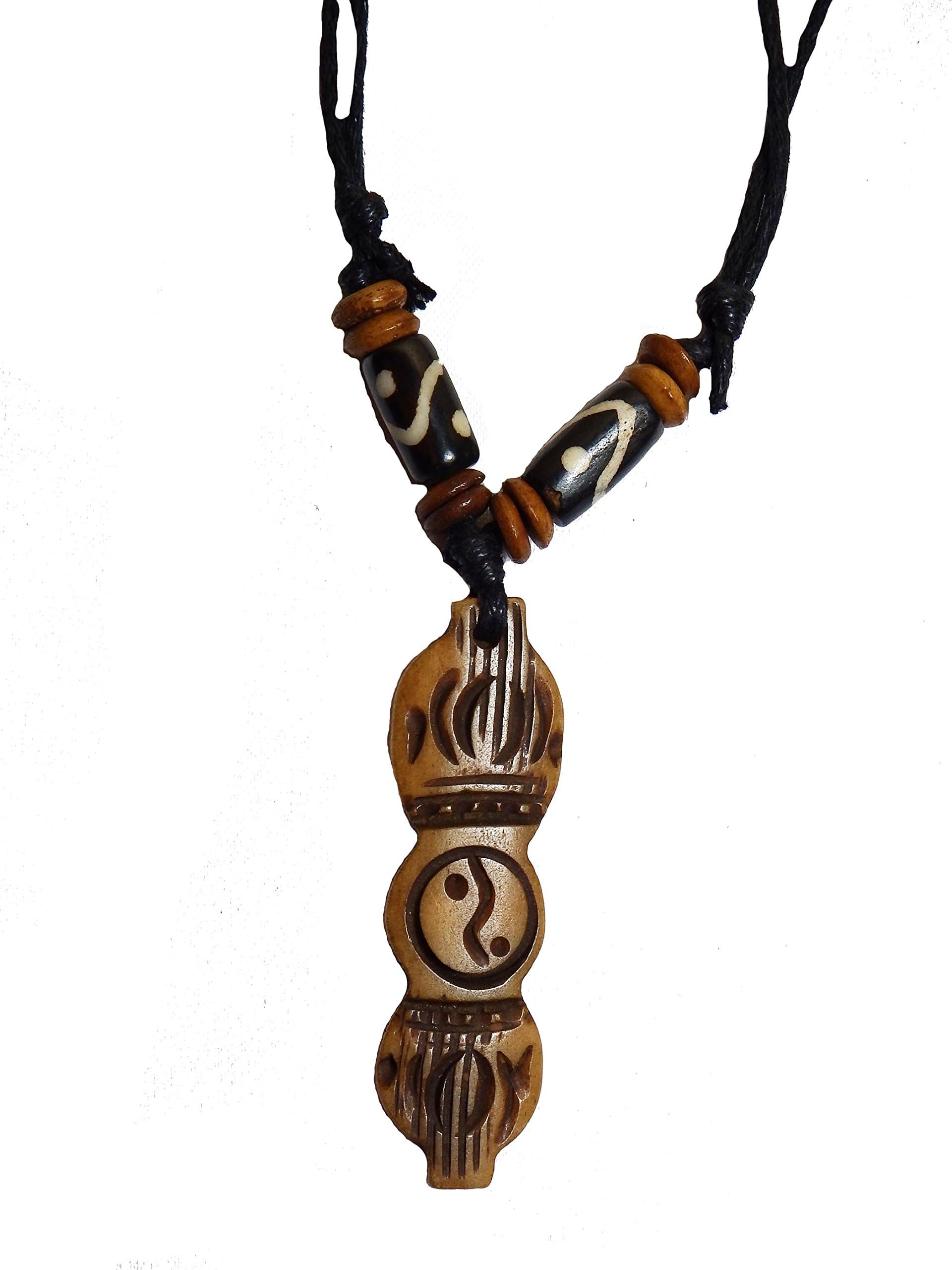 Tibetan Adjustable Handmade Necklace Amulet Embossed with Tibetan Bajra Symbol Wood Color