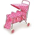 Badger Basket Folding Triple Doll Stroller for 18-Inch Dolls – Stylish Pink with Polka Dots, Lightweight and Convenient for Fun Playtime Adventures