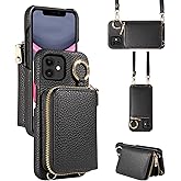 Furiet Wallet Case for iPhone 12 Mini 5.4 with Shoulder Strap Ring Buckle, Luxury PU Leather Zipper Flip Organ Purse, Card Holder Stand Cell Phone Cover for iPhone12mini 5G i 12s iPhone12 12mini Black