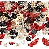 Beadthoven 300pcs 3D Resin Rose Flower Beads Embellishments Flatback Butterfly Bow Rose Cabochons Black Red Beads for Bracelet Earring Necklace Craft DIY Jewelry Making Supplies Halloween
