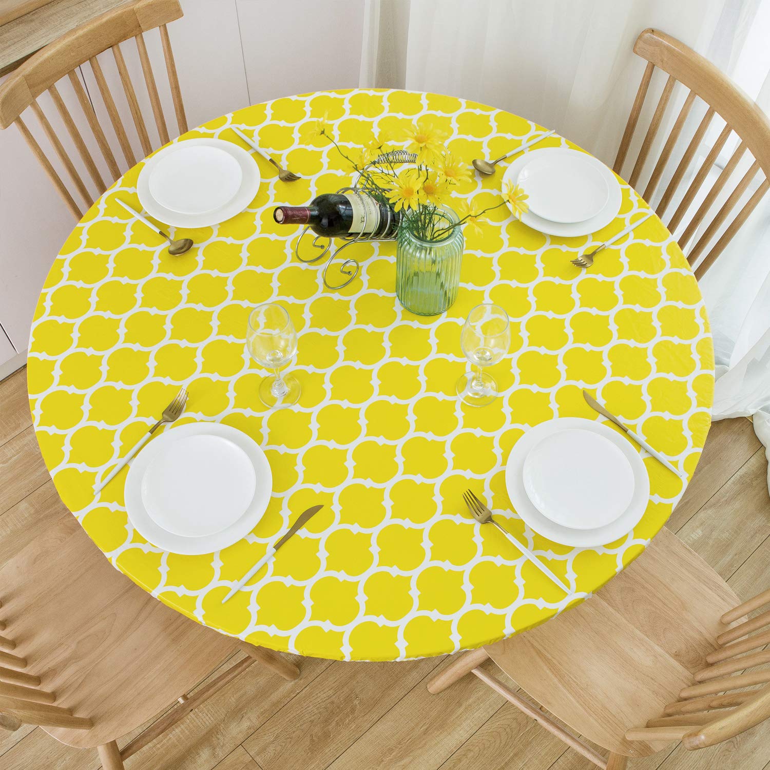 NLMUVW Round Fitted Vinyl Tablecloth with Elastic Edge 100% Waterproof Oil Proof PVC Table Cloth Wipe Clean Table Cover for Indoor and Outdoor, Yellow Moroccan, 45"- 56"