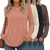 Huukeay 4 Pack Womens Long Sleeve Shirts Loose Fit Tunic Tops Crew Neck Curved Hem Basic Casual Layering Shirts