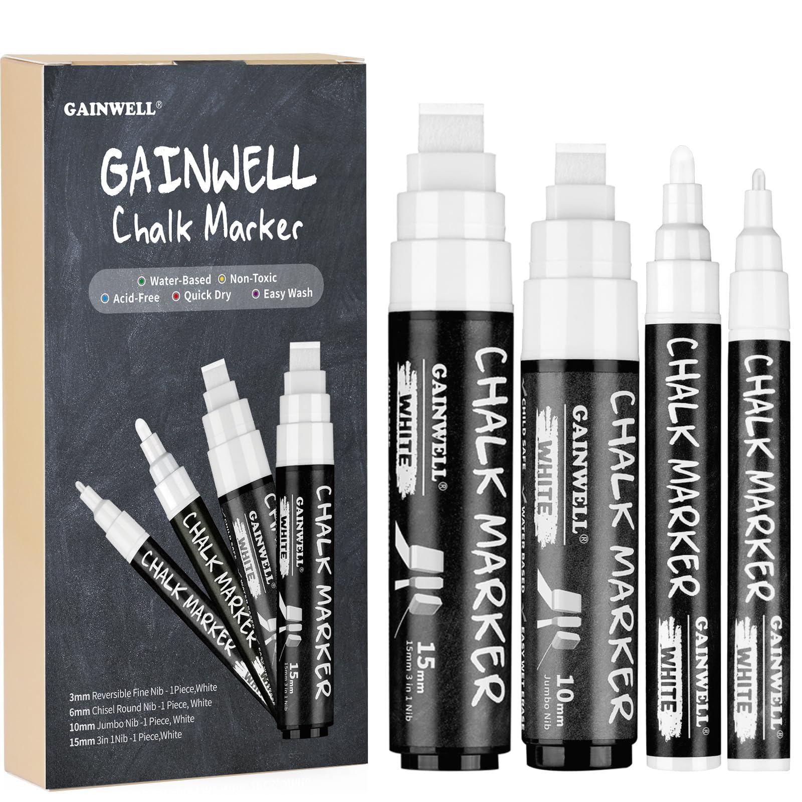GAINWELL 4 Pack White Chalk Markers - Reversible Jumbo and Fine Tips - 3mm, 6mm, 10mm, 15mm - Use on Chalkboard, Whiteboard, Glass