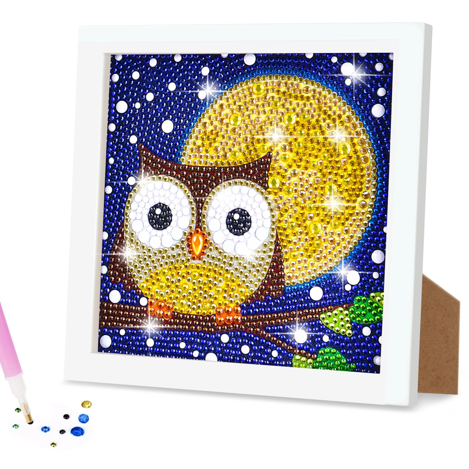 AUAUY 5D DIY Diamond Art Painting Kit, Owl Diamond Painting Kits for Adults, Full Drill Crystal Rhinestone Arts and Crafts with Wooden Frame, Diamond Art Gem Painting Beginners