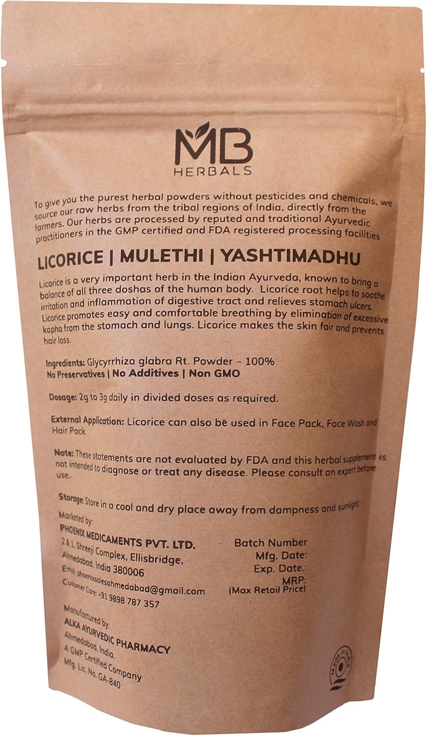 MB Herbals Licorice Root Powder 100 Gram | 3.5 oz | Pure Glycyrrhiza glabra | Mulethi | Yashtimadhu |Gastric Health | Smoker's Cough | Sore Throat | Natural Skin Brightener (When Used in a Face Pack): Health & Personal Care