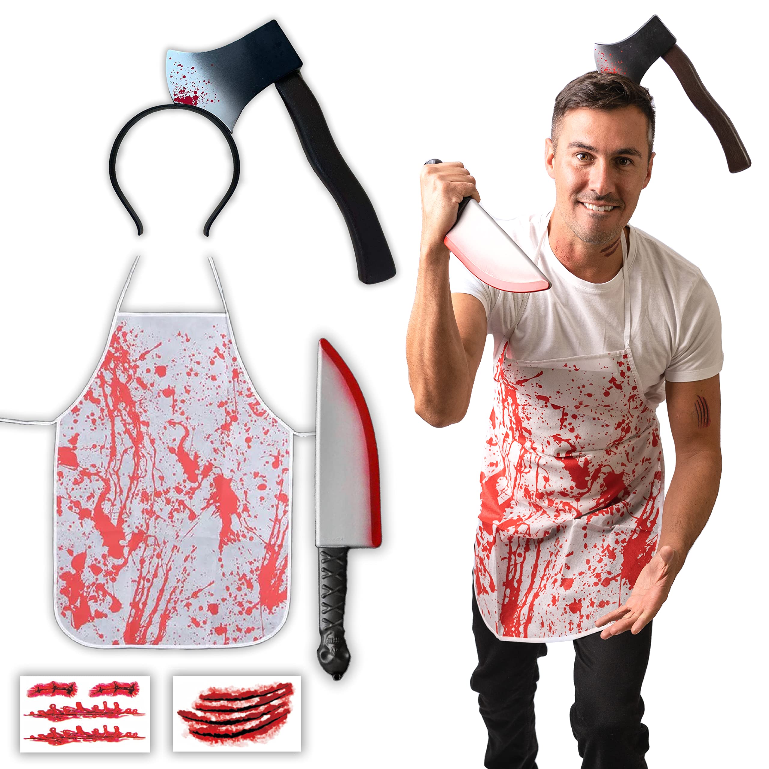 5 pcs Axe Butcher Costume - Halloween Costumes For Men - Adult & Teen One Size Fits All - 2025 Trending Fancy Dress - UK Based Brand
