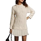 Ceputer Cable Knit Sweater Mini Dress for Women Crew Neck Long Sleeve Patchwork Pleated Fall Casual Knit Dresses