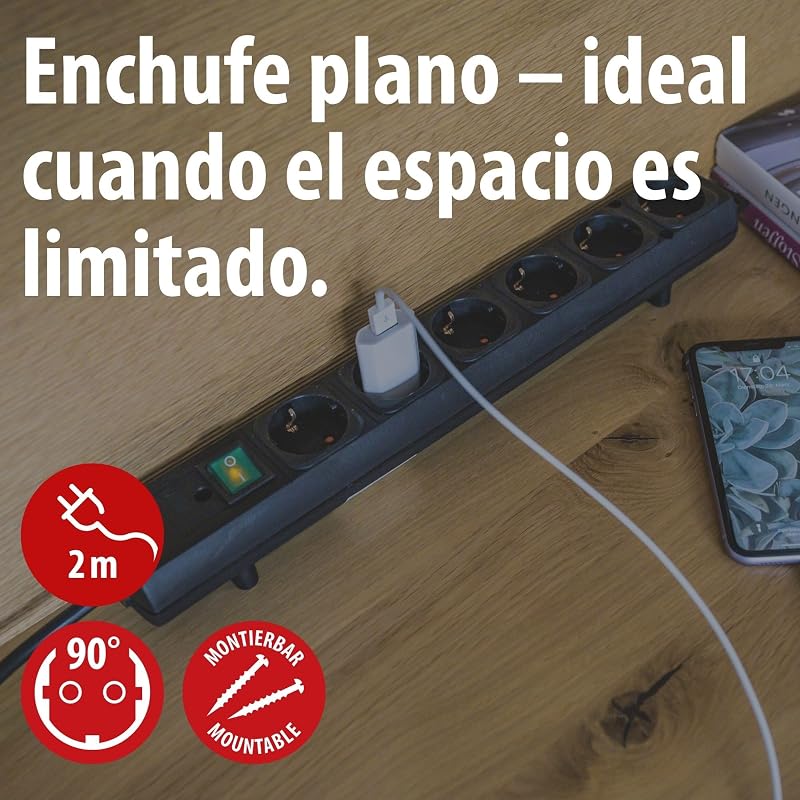 Comfort Line regleta de enchufes con 6 Tomas de Corriente para Montaje (Cable de 2 m, Interruptor Iluminado, montable, Enchufe Plano) Negro