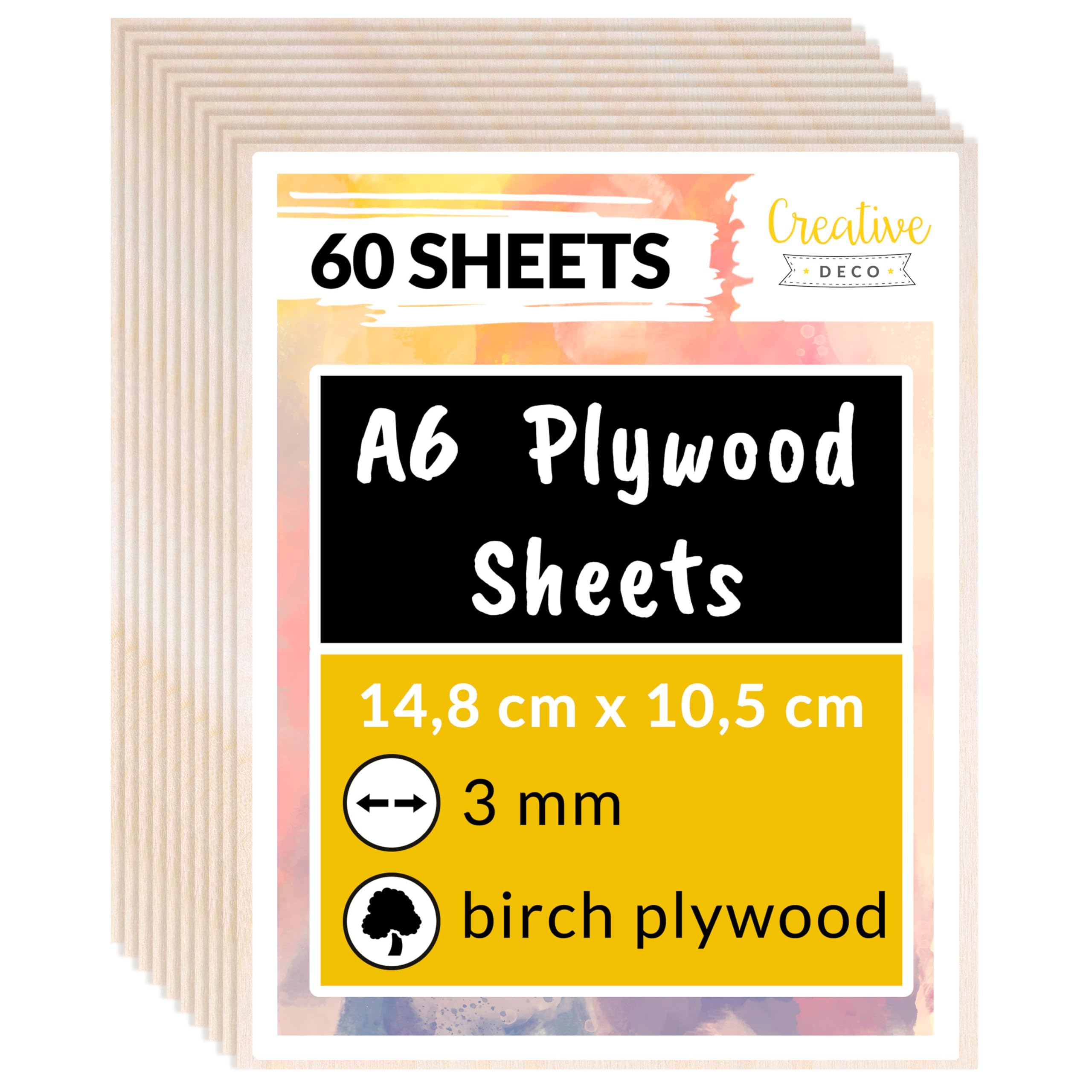 Creative Deco 60 x A6 Birch Plywood Sheets | 148 x 105 x 3mm (+/-2mm) Baltic Wood Ply | Perfect Board for Wood DIY Home Decor, Arts, Craft, Painting, Laser Cutting, CNC, Stenciling Pyrography