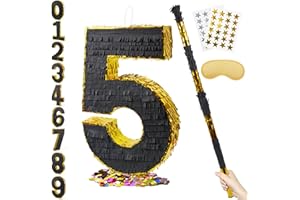 PCFING 20 Inch Number 5 Piñata Gold Black with 30 Inch Piñata Stick Blindfold Confetti for Man Women Kids Birthday Party Decorations, Anniversary Celebration, Fiesta